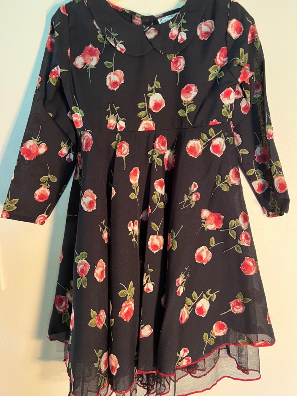 Vintage Kids Black Dress with Red Rose Print Size 4